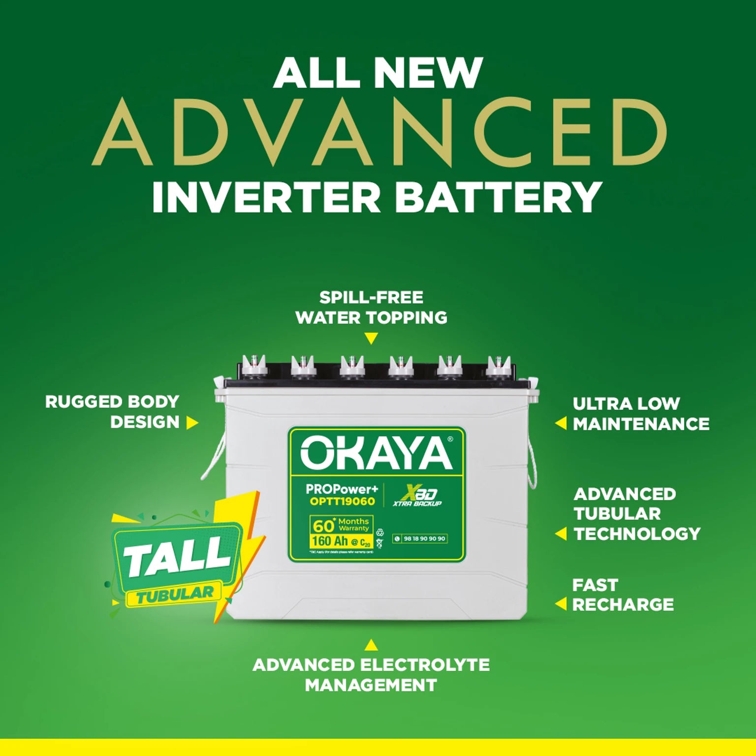 Okaya Tall Tubular 160Ah Inverter Battery with Long Service Life