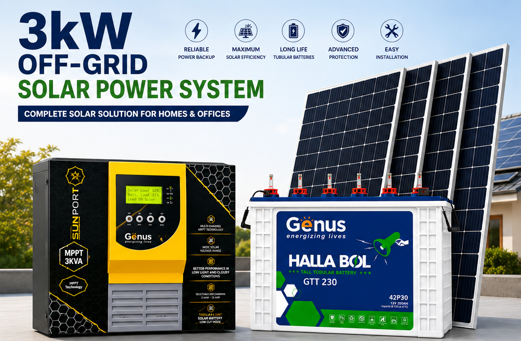3kW Off-Grid Solar System with Genus Solar Inverter, 2×200Ah Batteries & 6×550W Solar Panels | Complete Installation by Surya Battery Muzaffarnagar