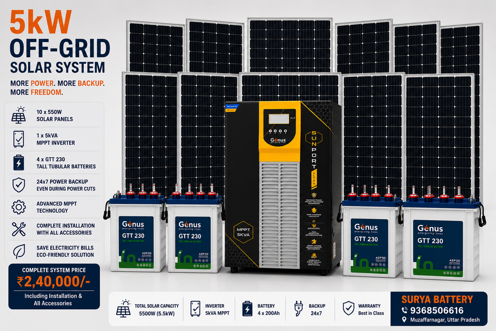 5kW Off-Grid Solar System with 5kVA MPPT Inverter, 4× GTT 230 Batteries & 10 Solar Panels